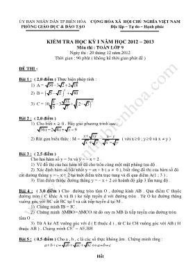 Kiểm tra học kỳ I năm học 2012  2013 môn thi Toán lớp 9